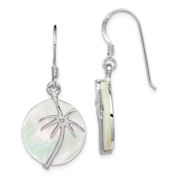 Sterling Silver Mother of Pearl Tropical Palm Tree Round Dangle Drop Earrings - Picture 5 of 5